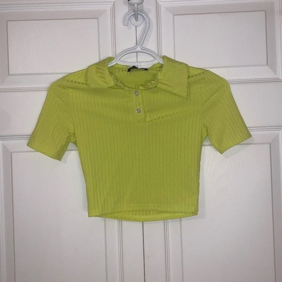 PrettyLittleThing Rib Cropped Polo Top  Size 0 US‎ Lime Neon Crop Short Sleeve - Picture 3 of 9